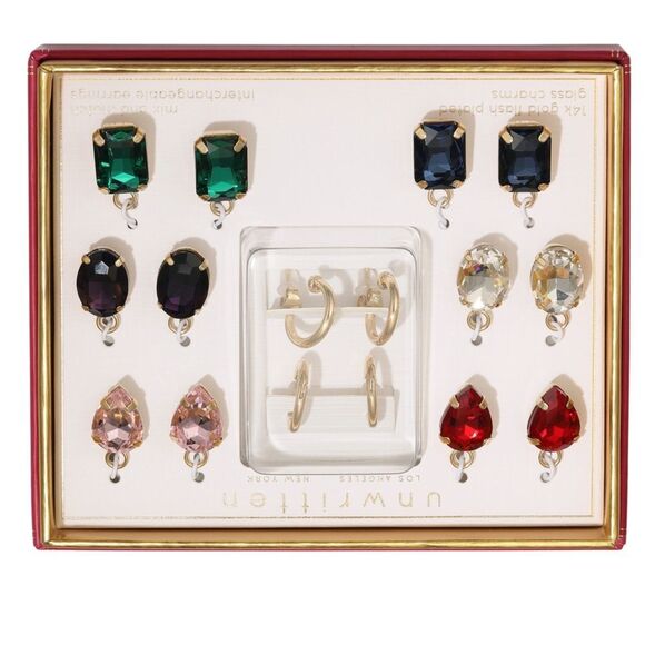 Unwritten Multi-Color Mix Hoop Earring Set Gold Red, Pink, Green, Black Stones - Picture 7 of 7